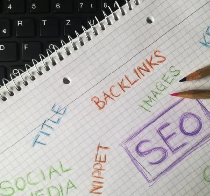 Notebook with SEO keywords and backlinks written around a central SEO box